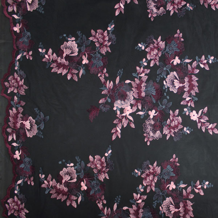 Ткань блузочная сетка черного цвета с вышивкой