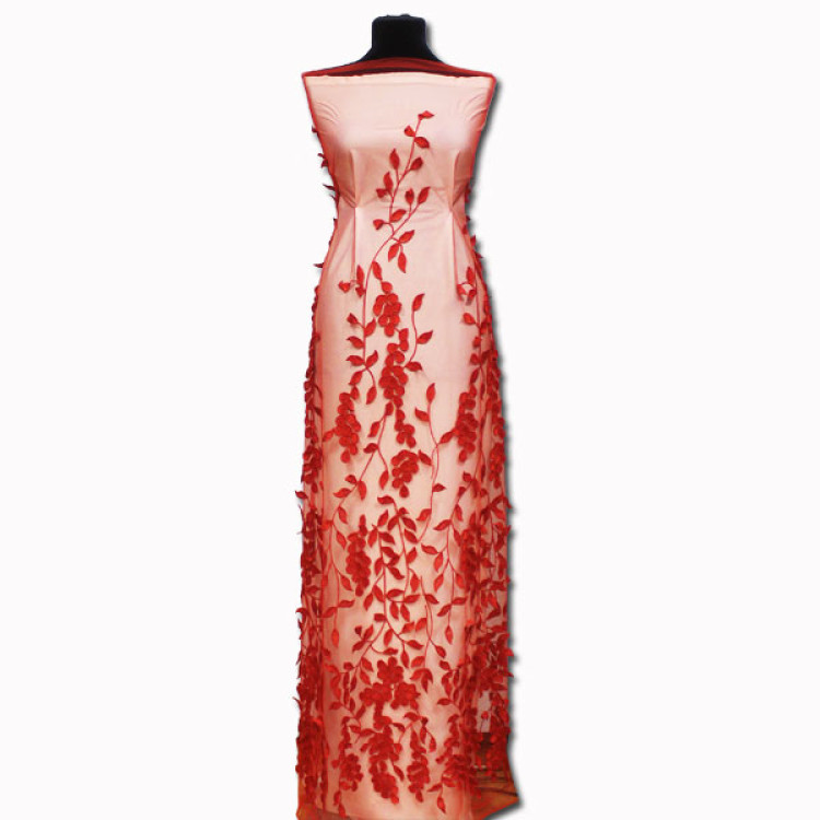 Ткань блузочная сетка красного цвета с вышивкой
