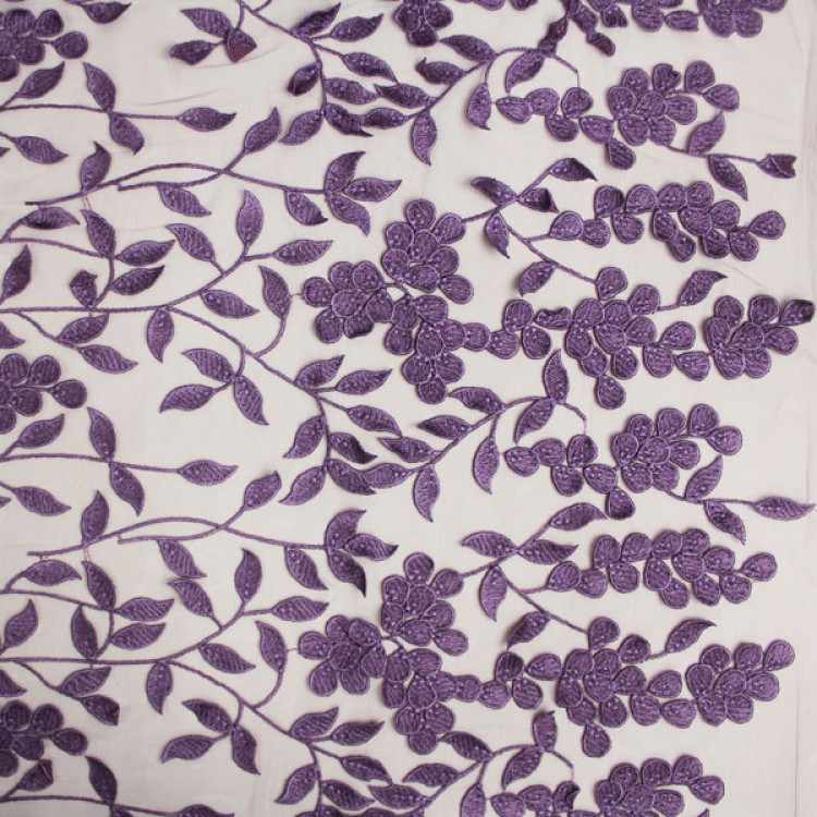 Ткань блузочная сетка фиолетового цвета с вышивкой
