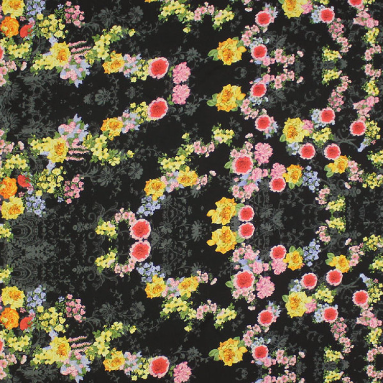 Ткань искусственный шелк черного цвета с мелкими цветами