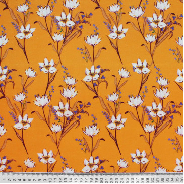 Ткань плательная оранжевая с белыми цветами