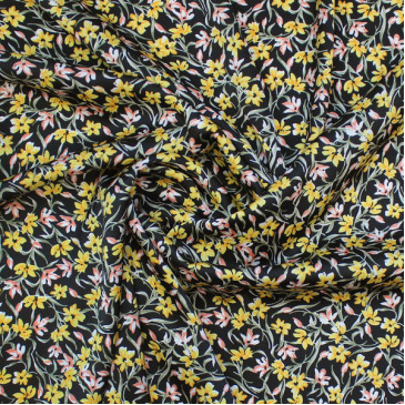 Ткань искусственный шелк черного цвета с желтыми цветами