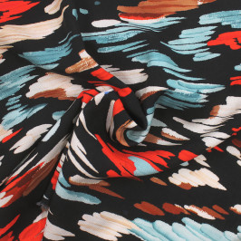 Ткань вискоза черного цвета с разноцветными мазками Ткань вискоза черного цвета с разноцветными мазками