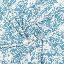 Ткань плательная голубого цвета с белыми цветами 