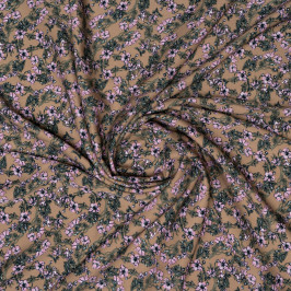 Ткань вискоза твил бежевого цвета с розовыми цветами