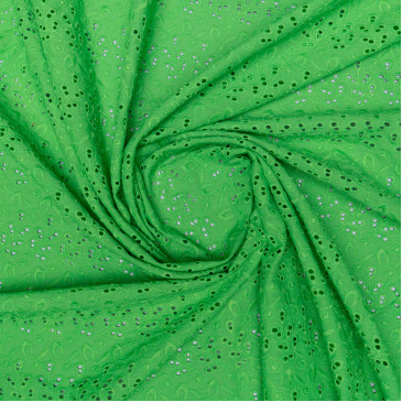 Ткань хлопковая ярко-зеленого цвета с вышивкой 