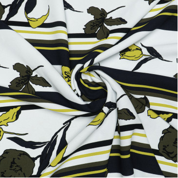 Ткань плательная белого цвета с черно-желтым принтом
