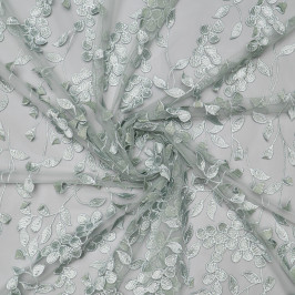 Ткань сетка мятного цвета с вышивкой