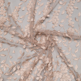 Ткань сетка бежевого цвета с вышивкой