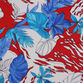 Трикотажная ткань с красно-белым цветочным принтом