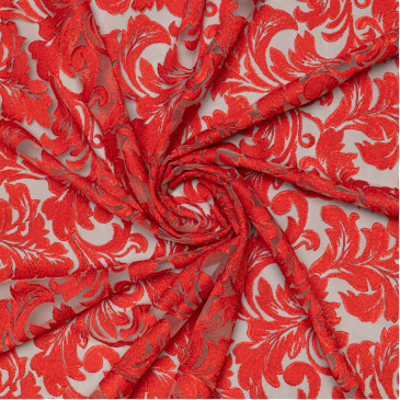 Ткань блузочная сетка с красной вышивкой