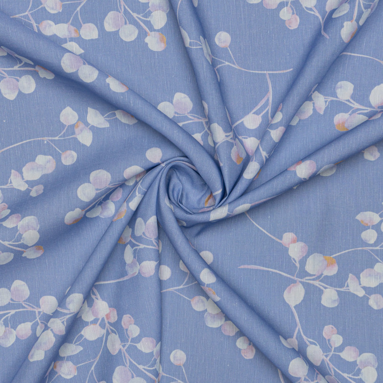 Ткань лен голубой с цветами