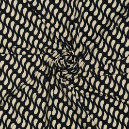 Трикотажная черная ткань с бежевым принтом